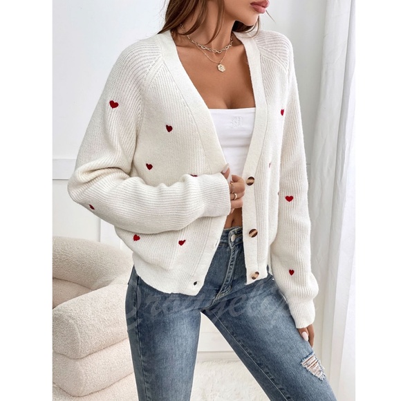 Red Hearts on Cream Knit Cardigan Oversized Long Sleeve Buttons Embroidered - Picture 4 of 15